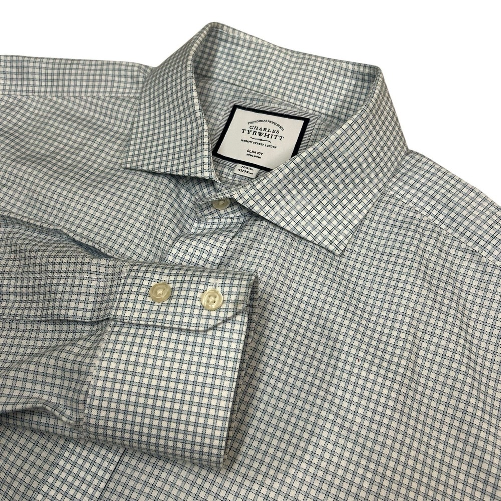 Charles Tyrwhitt Shirt Mens 19/37 Slim Fit White Blue Plaid‎ Button Up Cotton
